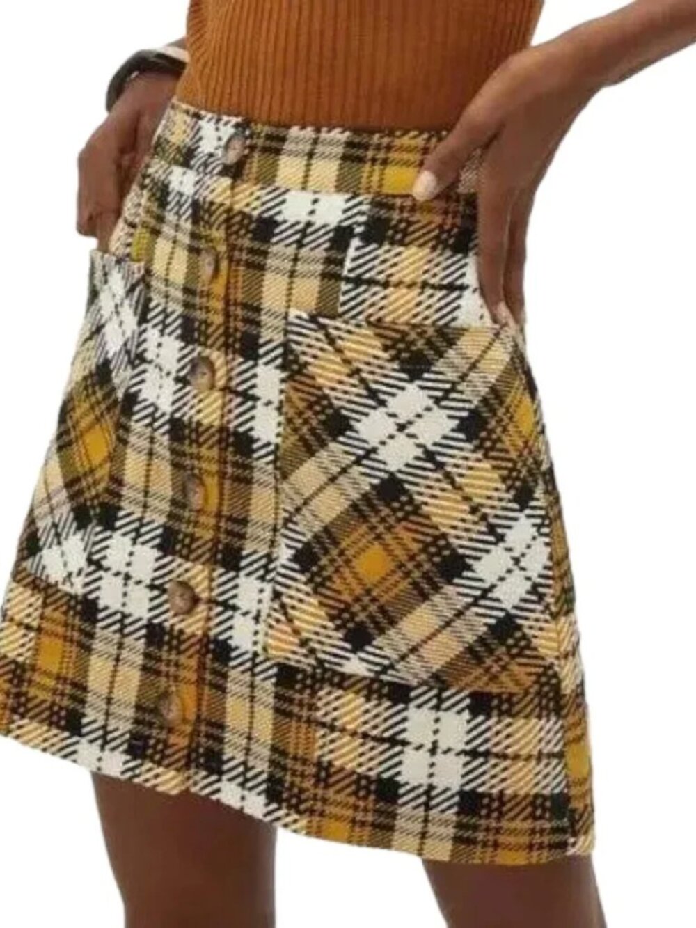 NWT Anthropologie Maeve Yellow Plaid button up mini skirt Size 12